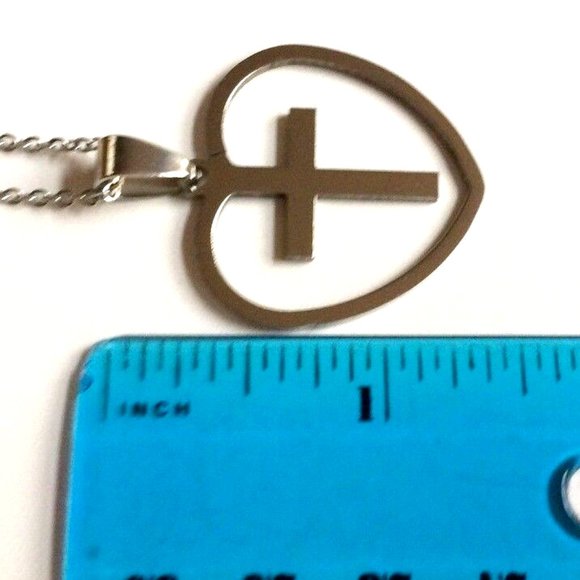 Sacred Heart Cross Necklace 24" Silver Stainless Steel Catholic Christian Gift - Picture 8 of 12